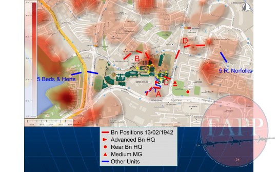 Bn Positions of 13th Feb shown on a modern map of Bishan